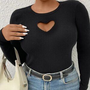 Relaxiva Plus Heart Cut Out Ribbed Knit Sweater – Black (2XL)